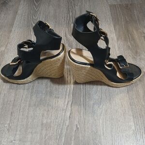 Shoe Dazzle Black Wedge Sandals with Gold Accents Size 8.5
